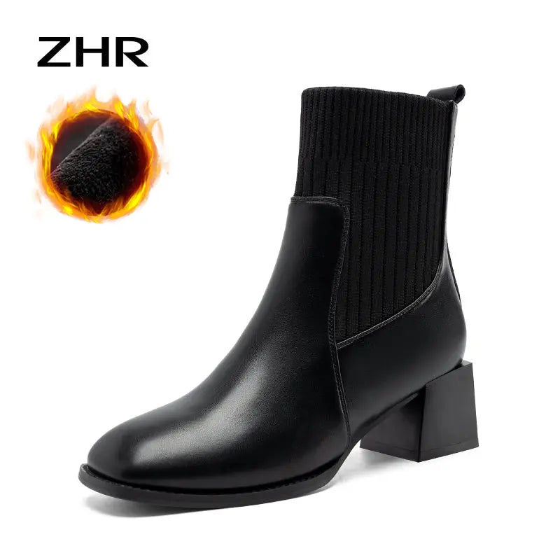 Stretch Thin Boots Women's Fall and Winter Fleece-lined 2024 New Arrival British Style Ankle Boots Women's Women's Chelsea Boots Boots  Pre2brand EUR40-BLT201A-Black-heel-height-5cm-Fleece-lined-p