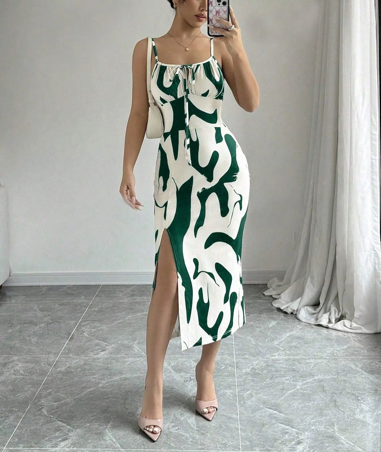 Summer Printed Suspender Split Dress Fashion Slim Lace-up Long Dresses For Women Clothing  Pre2brand Green-XXL