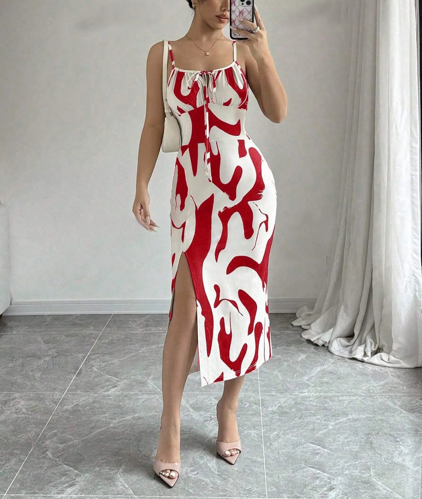 Summer Printed Suspender Split Dress Fashion Slim Lace-up Long Dresses For Women Clothing  Pre2brand Red-XXL
