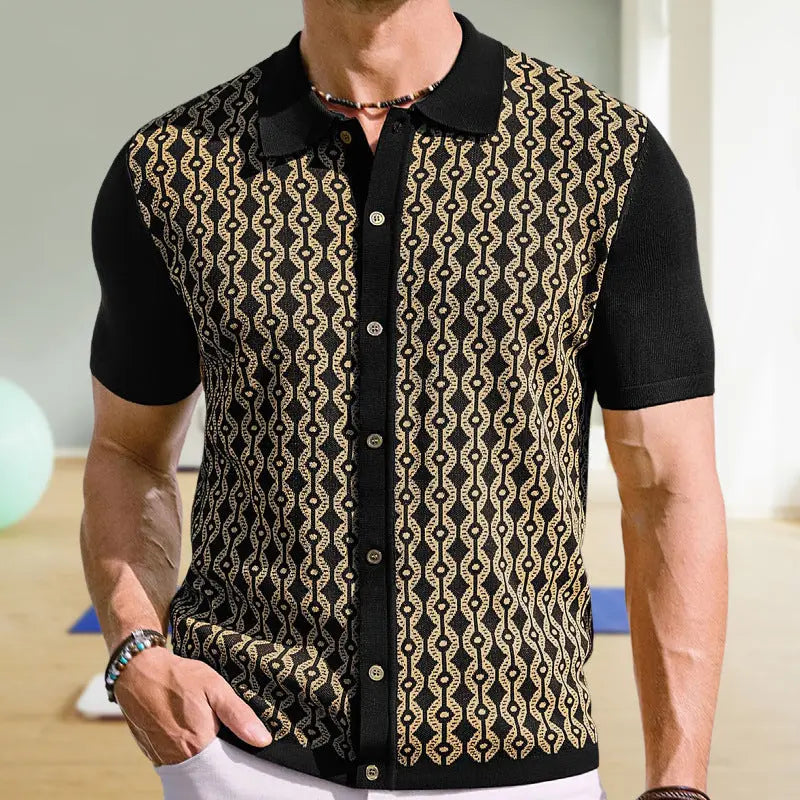 Summer Tencel Short-sleeved Sweater Lapel Jacquard Cardigan For Men  Pre2brand Black-3XL