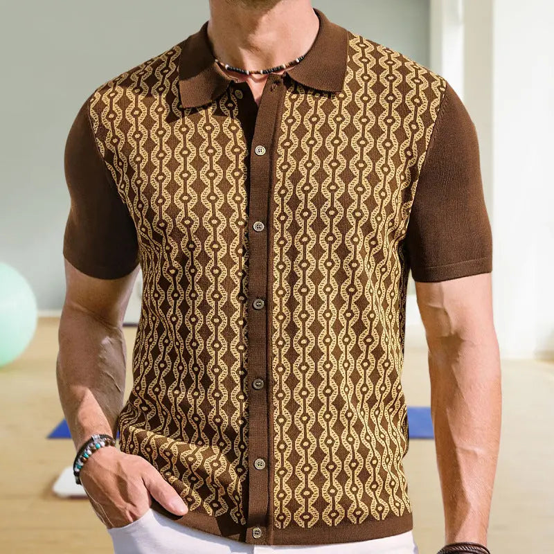 Summer Tencel Short-sleeved Sweater Lapel Jacquard Cardigan For Men  Pre2brand Brown-3XL
