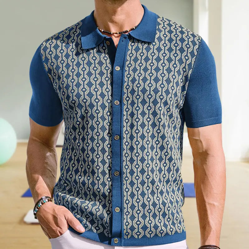 Summer Tencel Short-sleeved Sweater Lapel Jacquard Cardigan For Men  Pre2brand Blue-3XL