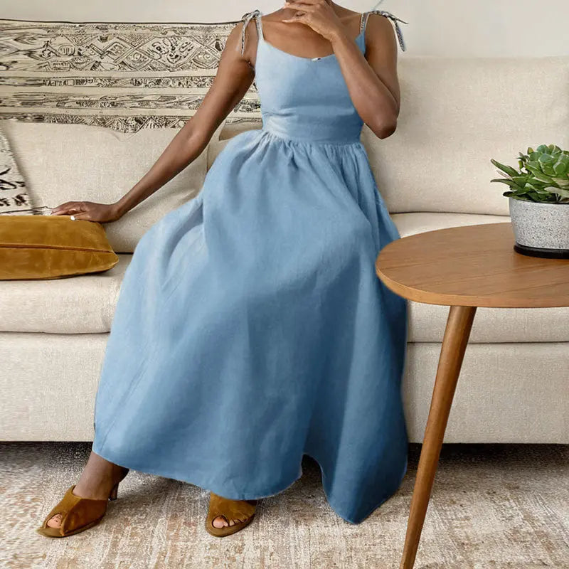 Summer V-neck Suspender Split Dress Fashion Backless High Waist Long Dress For Women Clothing  Pre2brand Sky-Blue-3XL