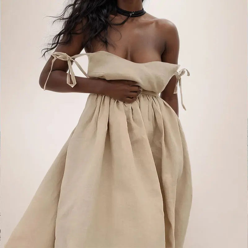 Summer V-neck Suspender Split Dress Fashion Backless High Waist Long Dress For Women Clothing  Pre2brand Khaki-3XL