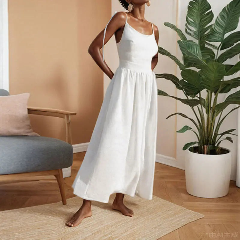Summer V-neck Suspender Split Dress Fashion Backless High Waist Long Dress For Women Clothing  Pre2brand White-3XL