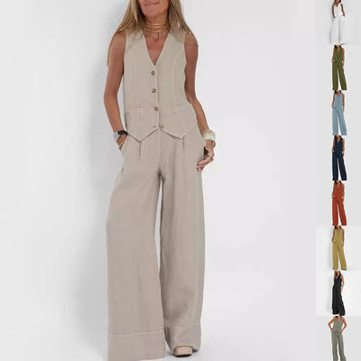 Summer Vest Suits V-neck Botton Sleeveless Top And Loose Straight Trousers Casual Womens Clothing - Pre2brand