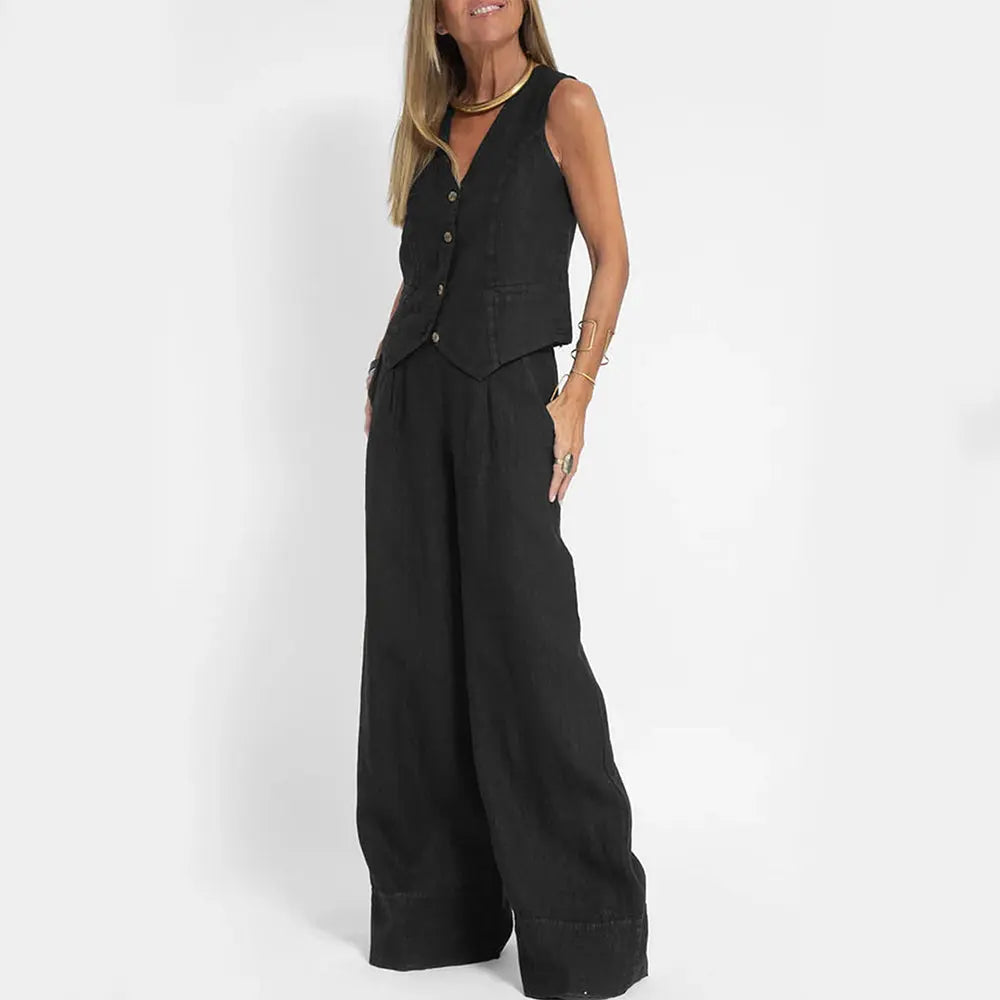 Summer Vest Suits V-neck Botton Sleeveless Top And Loose Straight Trousers Casual Womens Clothing - Pre2brand