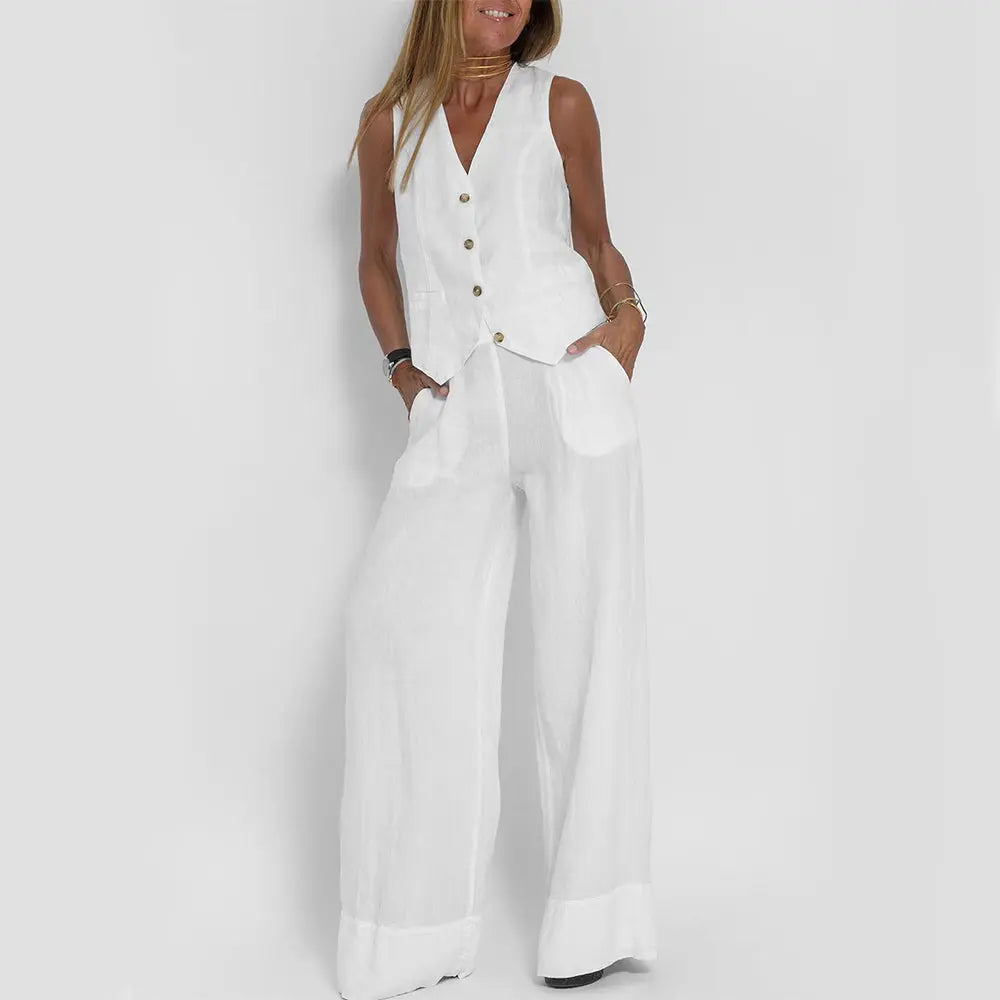 Summer Vest Suits V-neck Botton Sleeveless Top And Loose Straight Trousers Casual Womens Clothing - Pre2brand