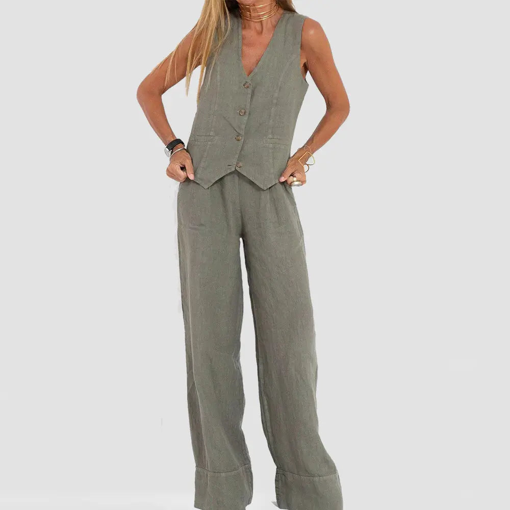 Summer Vest Suits V-neck Botton Sleeveless Top And Loose Straight Trousers Casual Womens Clothing - Pre2brand