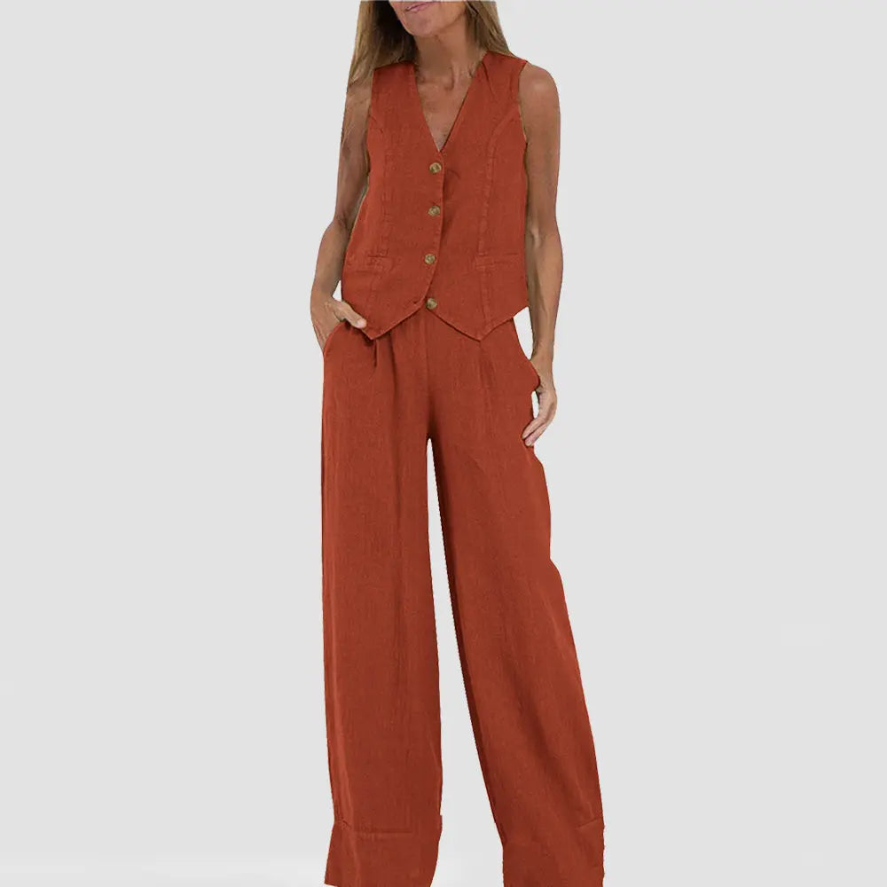 Summer Vest Suits V-neck Botton Sleeveless Top And Loose Straight Trousers Casual Womens Clothing - Pre2brand