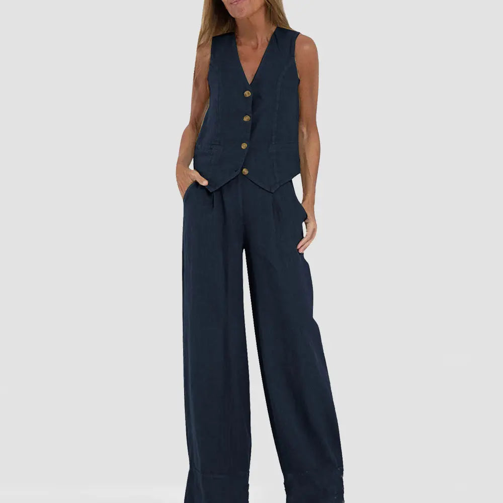 Summer Vest Suits V-neck Botton Sleeveless Top And Loose Straight Trousers Casual Womens Clothing - Pre2brand