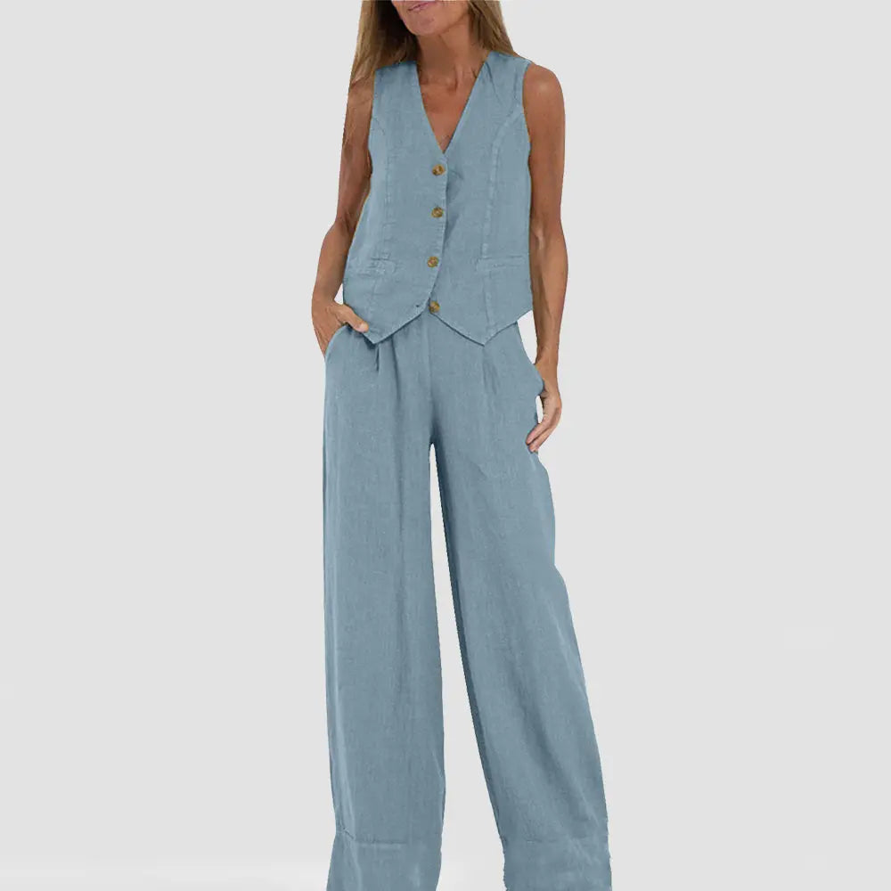 Summer Vest Suits V-neck Botton Sleeveless Top And Loose Straight Trousers Casual Womens Clothing - Pre2brand