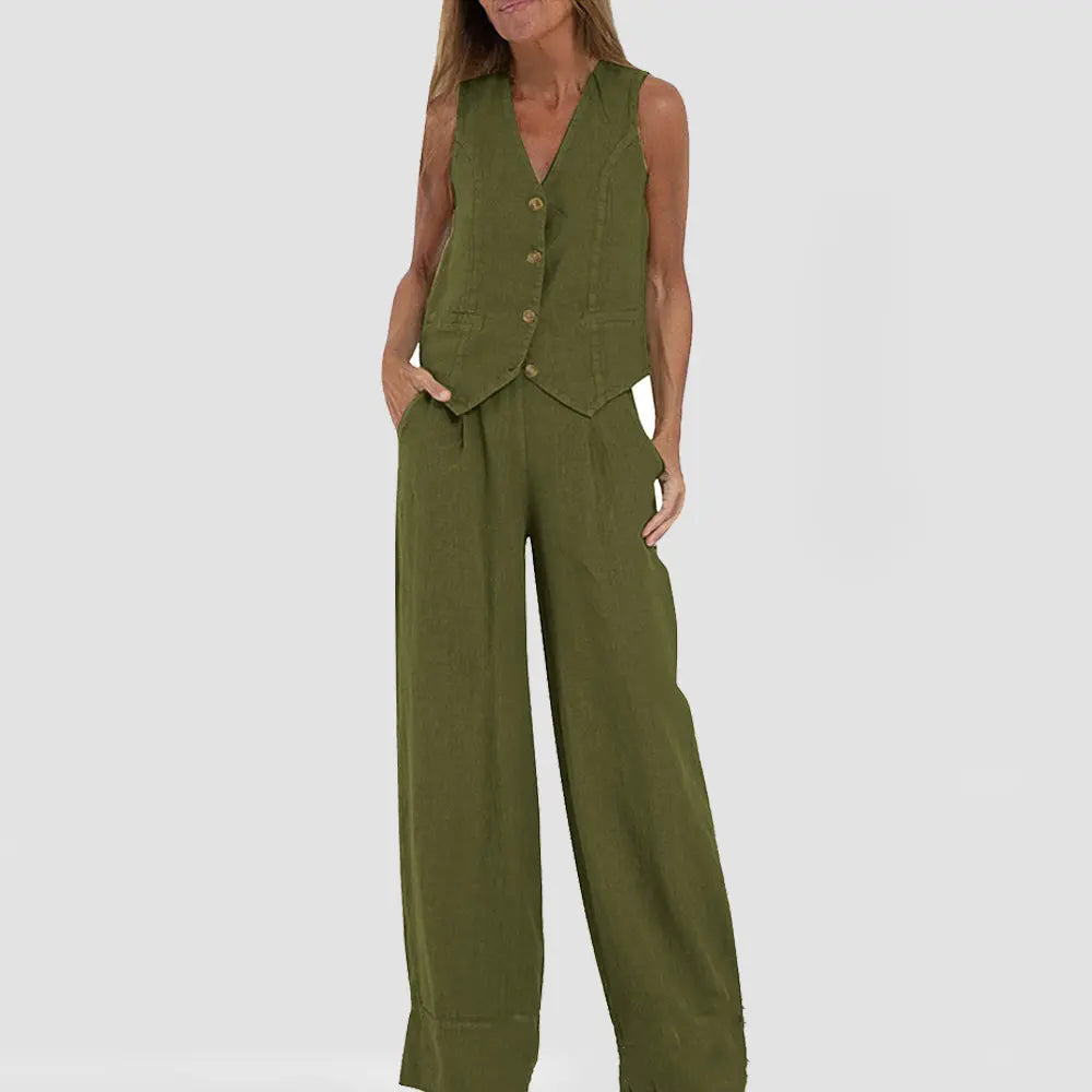 Summer Vest Suits V-neck Botton Sleeveless Top And Loose Straight Trousers Casual Womens Clothing - Pre2brand