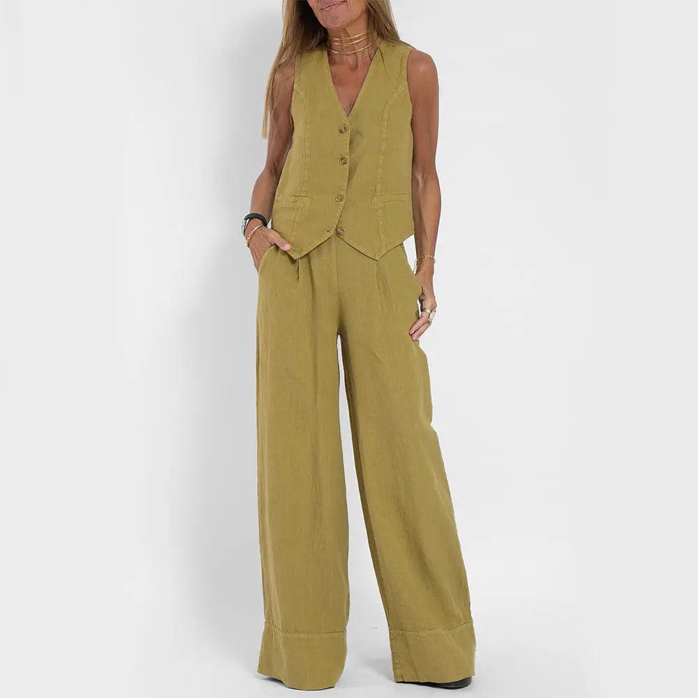 Summer Vest Suits V-neck Botton Sleeveless Top And Loose Straight Trousers Casual Womens Clothing - Pre2brand