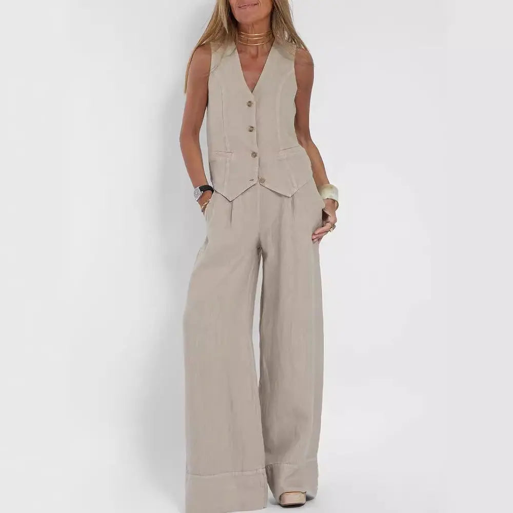 Summer Vest Suits V-neck Botton Sleeveless Top And Loose Straight Trousers Casual Womens Clothing - Pre2brand