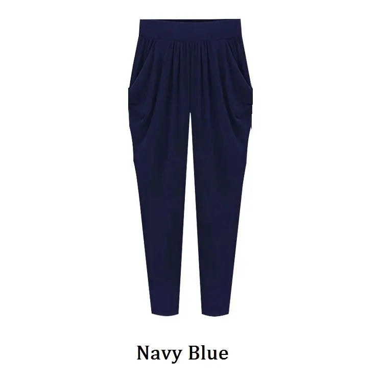 Summer Womens Harem Pants High Waist Loose Straight Ankle-length Pants Comfortable Casual OL Capris  Pre2brand XXXL-Navy-Blue