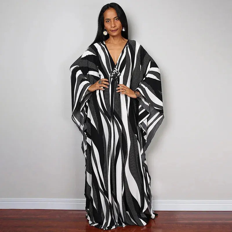 Swimwears Batwing Sleeve Cardigan Covers Ups Loose Fit Print Casual Women Clothing 2024 Summer Beach Style Ankle Length  Pre2brand One-Size-ZS1743-38
