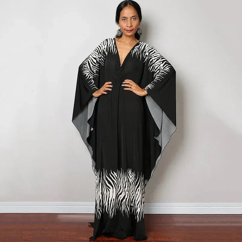 Swimwears Batwing Sleeve Cardigan Covers Ups Loose Fit Print Casual Women Clothing 2024 Summer Beach Style Ankle Length  Pre2brand One-Size-ZS1743-36