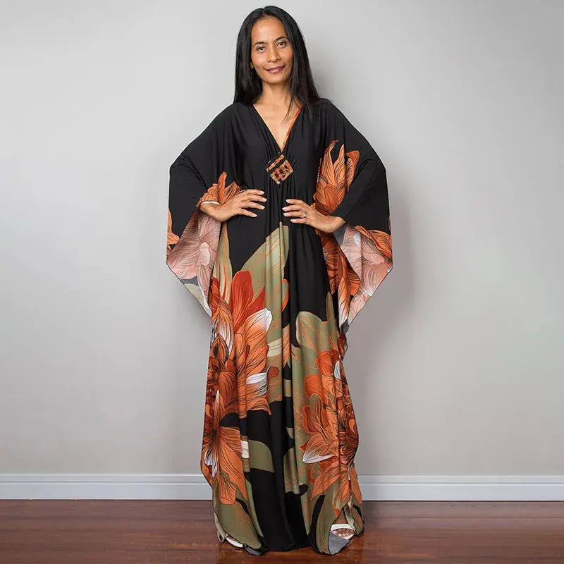 Swimwears Batwing Sleeve Cardigan Covers Ups Loose Fit Print Casual Women Clothing 2024 Summer Beach Style Ankle Length  Pre2brand One-Size-ZS1743-34