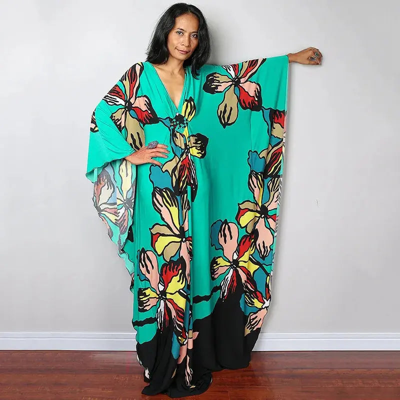 Swimwears Batwing Sleeve Cardigan Covers Ups Loose Fit Print Casual Women Clothing 2024 Summer Beach Style Ankle Length  Pre2brand One-Size-ZS1743-30