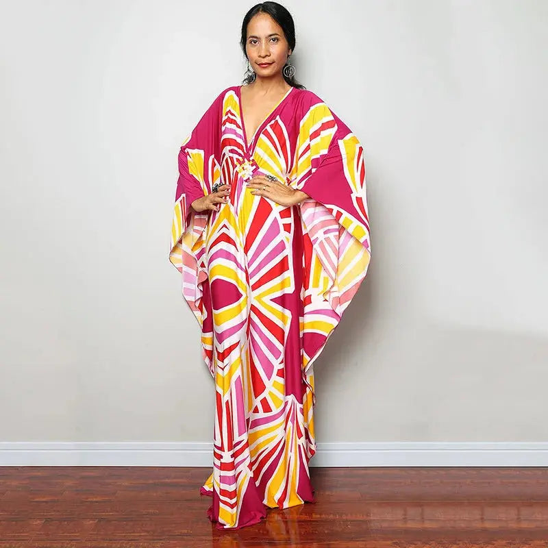 Swimwears Batwing Sleeve Cardigan Covers Ups Loose Fit Print Casual Women Clothing 2024 Summer Beach Style Ankle Length  Pre2brand One-Size-ZS1743-25