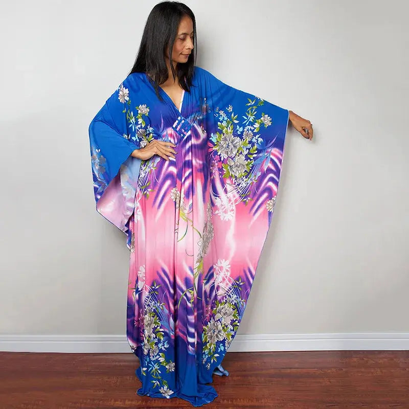 Swimwears Batwing Sleeve Cardigan Covers Ups Loose Fit Print Casual Women Clothing 2024 Summer Beach Style Ankle Length  Pre2brand One-Size-ZS1743-24