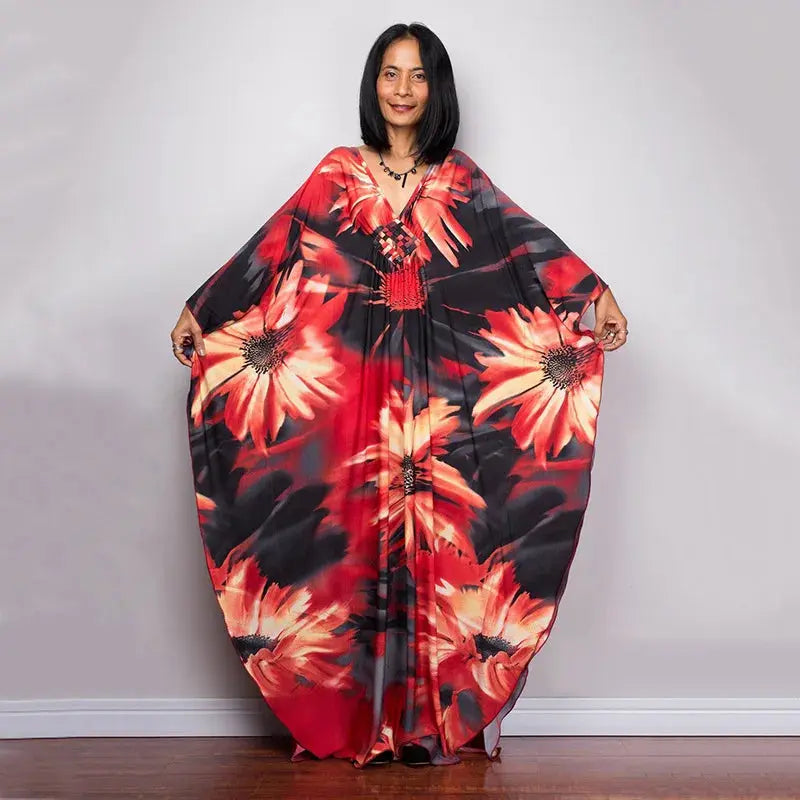 Swimwears Batwing Sleeve Cardigan Covers Ups Loose Fit Print Casual Women Clothing 2024 Summer Beach Style Ankle Length  Pre2brand One-Size-ZS1743-2