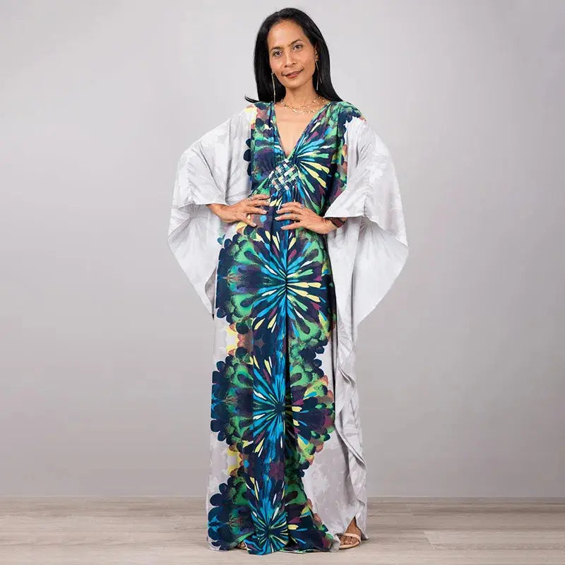 Swimwears Batwing Sleeve Cardigan Covers Ups Loose Fit Print Casual Women Clothing 2024 Summer Beach Style Ankle Length  Pre2brand One-Size-ZS1743-21