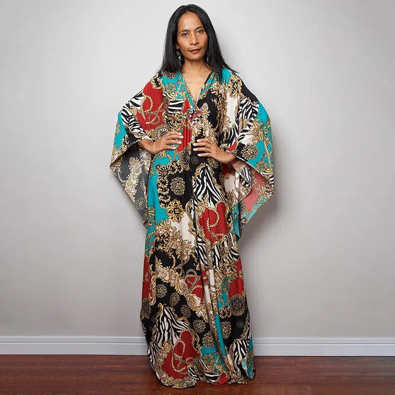 Swimwears Batwing Sleeve Cardigan Covers Ups Loose Fit Print Casual Women Clothing 2024 Summer Beach Style Ankle Length  Pre2brand One-Size-ZS1743-22