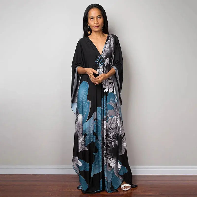 Swimwears Batwing Sleeve Cardigan Covers Ups Loose Fit Print Casual Women Clothing 2024 Summer Beach Style Ankle Length  Pre2brand One-Size-ZS1743-16