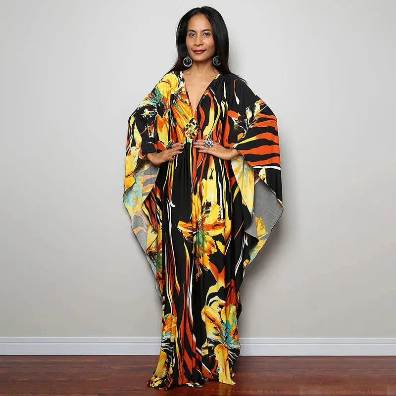 Swimwears Batwing Sleeve Cardigan Covers Ups Loose Fit Print Casual Women Clothing 2024 Summer Beach Style Ankle Length  Pre2brand One-Size-ZS1743-14