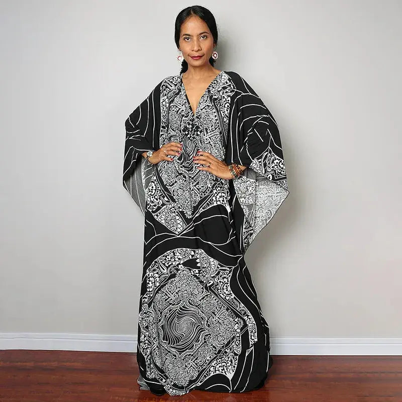 Swimwears Batwing Sleeve Cardigan Covers Ups Loose Fit Print Casual Women Clothing 2024 Summer Beach Style Ankle Length  Pre2brand One-Size-ZS1743-12