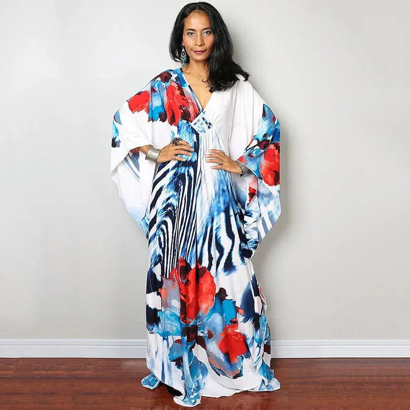 Swimwears Batwing Sleeve Cardigan Covers Ups Loose Fit Print Casual Women Clothing 2024 Summer Beach Style Ankle Length  Pre2brand One-Size-ZS1743-8