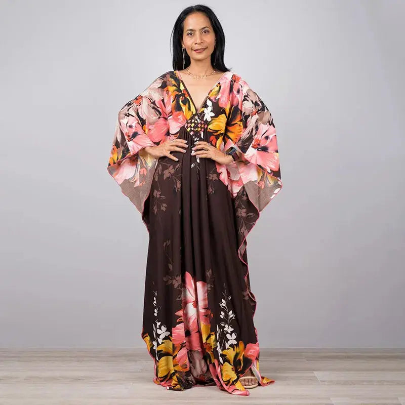 Swimwears Batwing Sleeve Cardigan Covers Ups Loose Fit Print Casual Women Clothing 2024 Summer Beach Style Ankle Length  Pre2brand One-Size-ZS1743-6