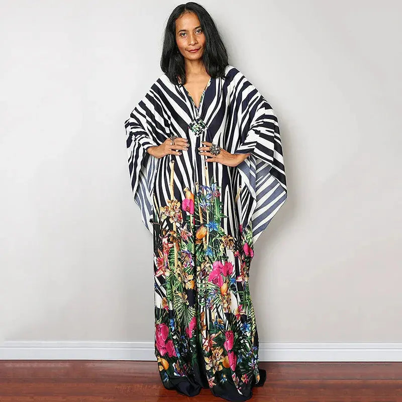 Swimwears Batwing Sleeve Cardigan Covers Ups Loose Fit Print Casual Women Clothing 2024 Summer Beach Style Ankle Length  Pre2brand One-Size-ZS1743-7