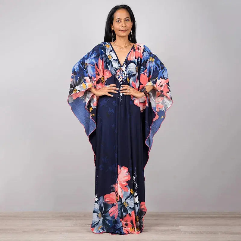Swimwears Batwing Sleeve Cardigan Covers Ups Loose Fit Print Casual Women Clothing 2024 Summer Beach Style Ankle Length  Pre2brand One-Size-ZS1743-5