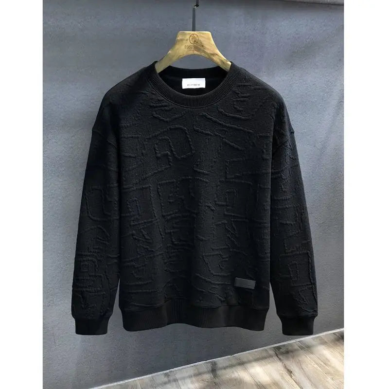 Texture Jacquard Heavy Round Neck Sweater Men's Autumn New  Pre2brand Black-3XL