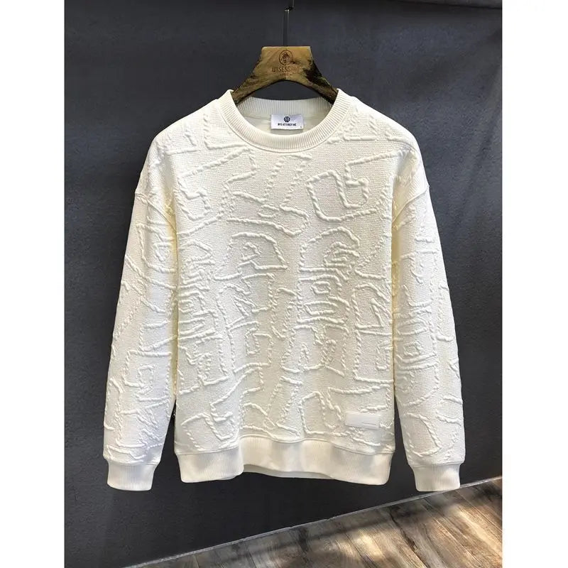 Texture Jacquard Heavy Round Neck Sweater Men's Autumn New  Pre2brand Beige-3XL