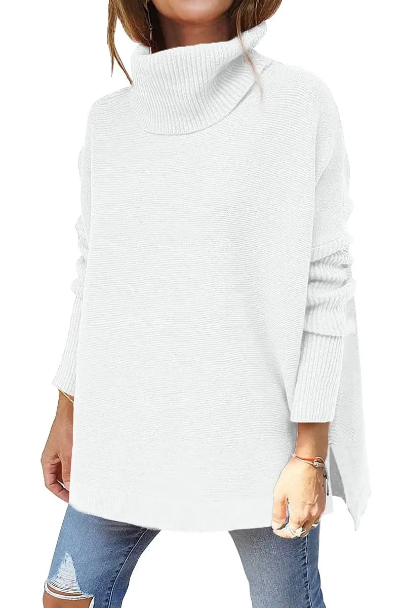 Turtleneck Sweater Mid Length Batwing Sleeve Slit Hem Tunic Pullover Sweaters Winter Tops Women Clothing  Pre2brand White-XXL
