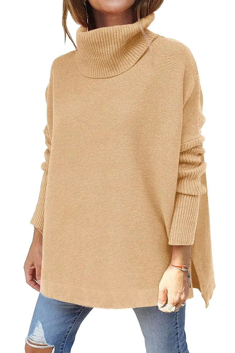 Turtleneck Sweater Mid Length Batwing Sleeve Slit Hem Tunic Pullover Sweaters Winter Tops Women Clothing  Pre2brand Khaki-XXL