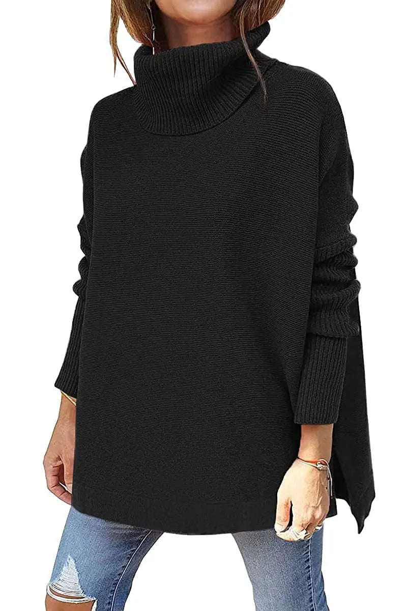 Turtleneck Sweater Mid Length Batwing Sleeve Slit Hem Tunic Pullover Sweaters Winter Tops Women Clothing  Pre2brand Black-XXL