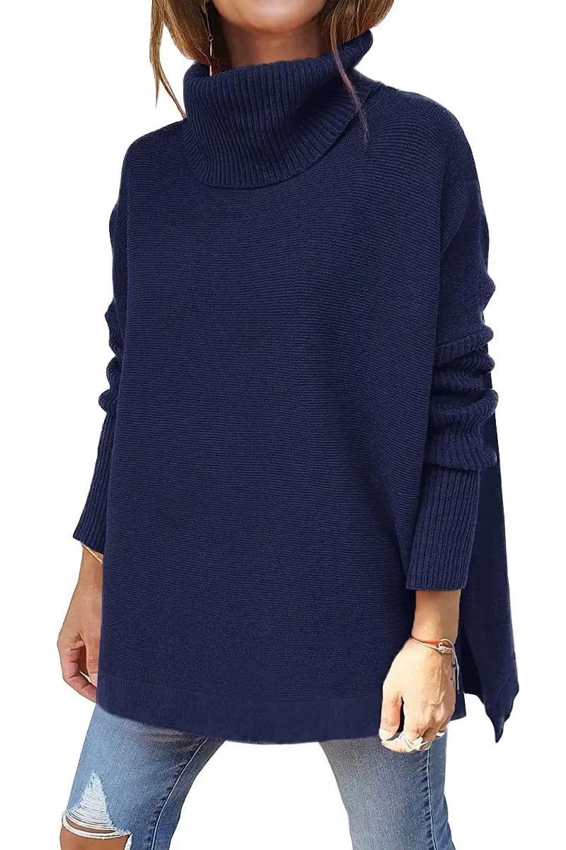 Turtleneck Sweater Mid Length Batwing Sleeve Slit Hem Tunic Pullover Sweaters Winter Tops Women Clothing  Pre2brand Navy-Blue-XXL