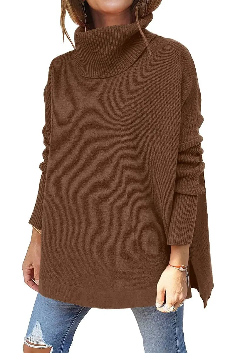 Turtleneck Sweater Mid Length Batwing Sleeve Slit Hem Tunic Pullover Sweaters Winter Tops Women Clothing  Pre2brand Brown-XXL