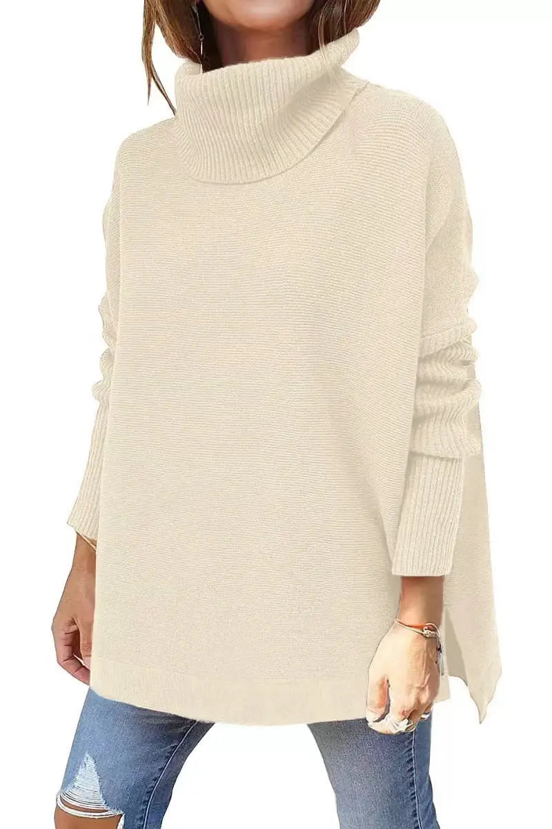 Turtleneck Sweater Mid Length Batwing Sleeve Slit Hem Tunic Pullover Sweaters Winter Tops Women Clothing  Pre2brand Apricot-XXL