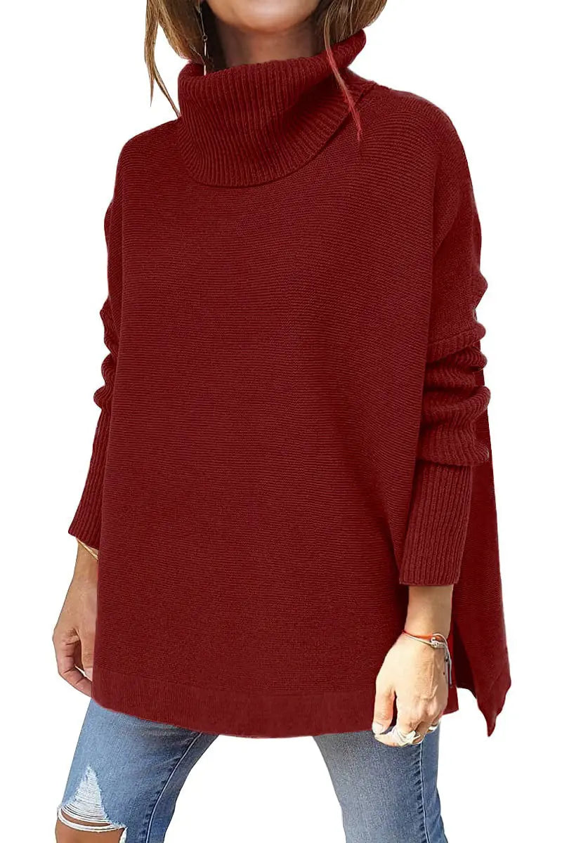 Turtleneck Sweater Mid Length Batwing Sleeve Slit Hem Tunic Pullover Sweaters Winter Tops Women Clothing  Pre2brand Wine-Red-XXL