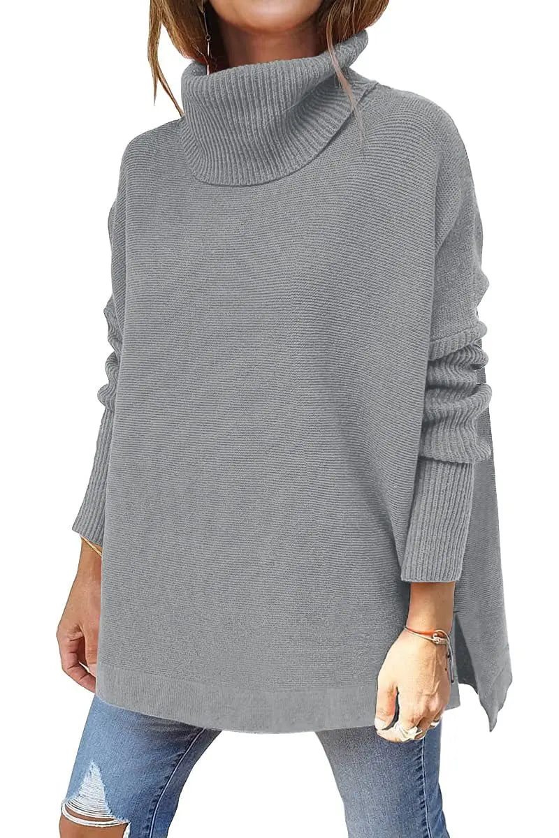 Turtleneck Sweater Mid Length Batwing Sleeve Slit Hem Tunic Pullover Sweaters Winter Tops Women Clothing  Pre2brand Light-Grey-XXL