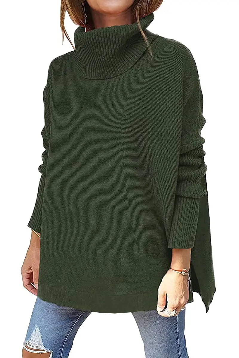 Turtleneck Sweater Mid Length Batwing Sleeve Slit Hem Tunic Pullover Sweaters Winter Tops Women Clothing  Pre2brand Army-Green-XXL