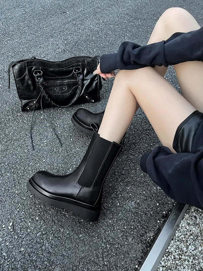 [Uncle's House] British Knee Socks Chelsea Boots 2024 New Arrival Fall and Winter plus Velvet Genuine Leather Platform Martin Boots Ankle Boots - Pre2brand
