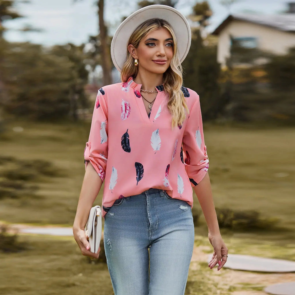 V-neck Feather Printed 34 Sleeves Loose Shirt - Pre2brand