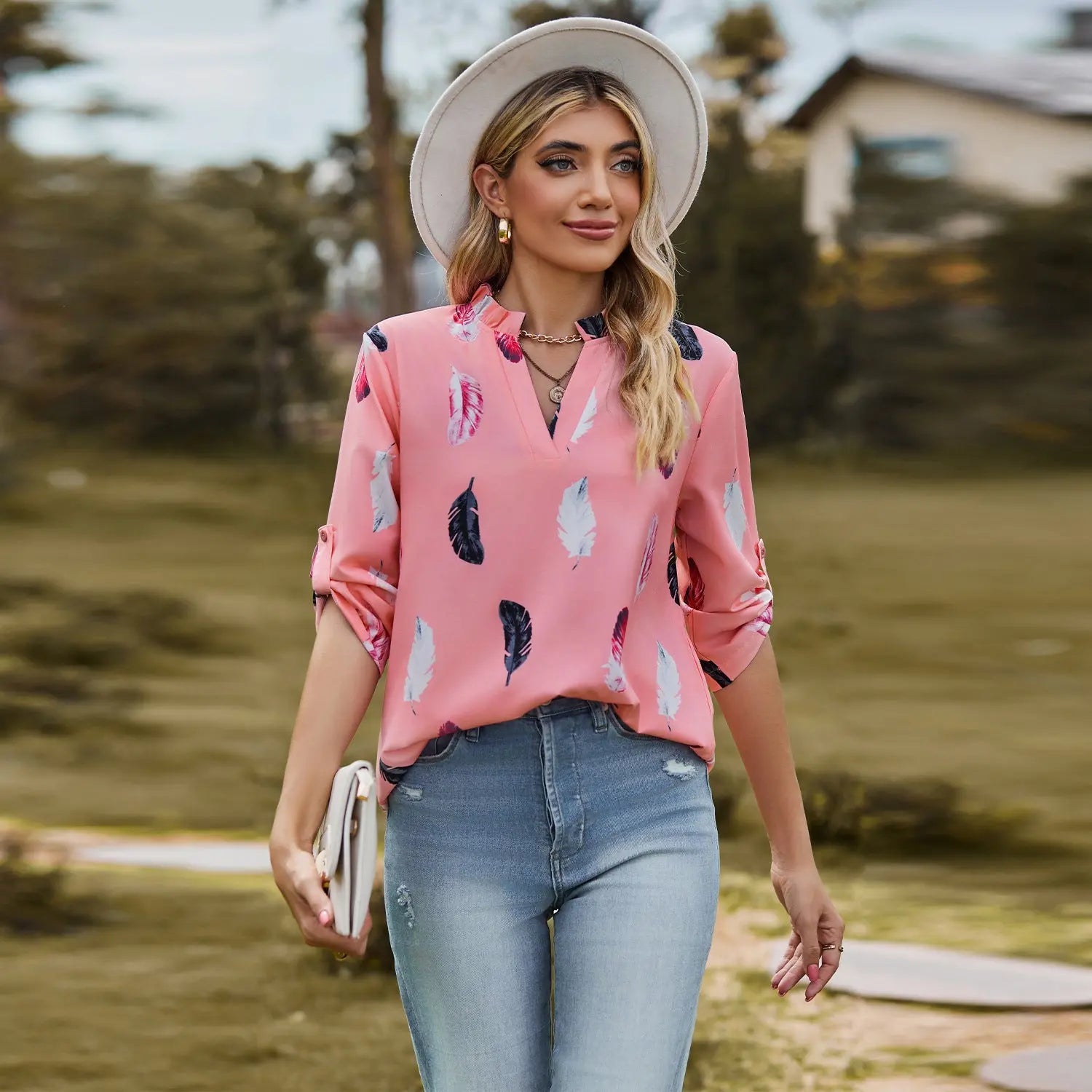 V-neck Feather Printed 34 Sleeves Loose Shirt - Pre2brand